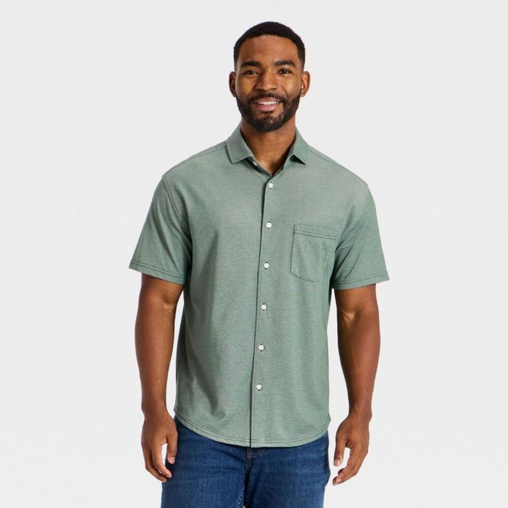 Men's Short Sleeve Comfort Pique Button-Up Shirt - Goodfellow & Co Green XL